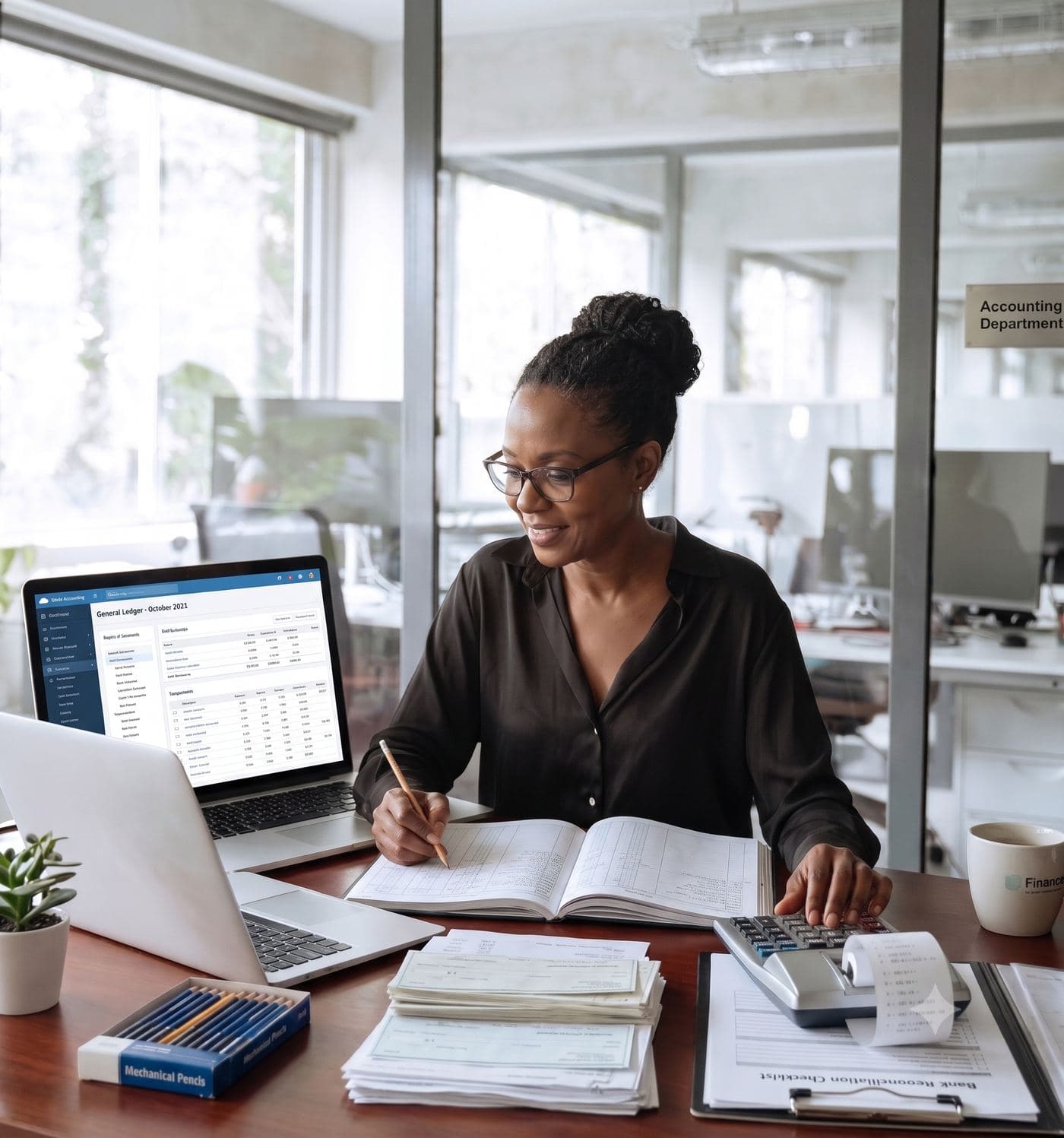 TPS bookkeeper reviewing the general ledger at her desk